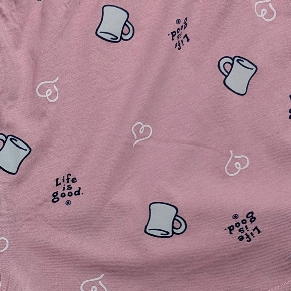 Life Is Good PJ Set Short Sleeve Top Shorts Peace & Love Coffee Grey Pink L NWT - Picture 10 of 12